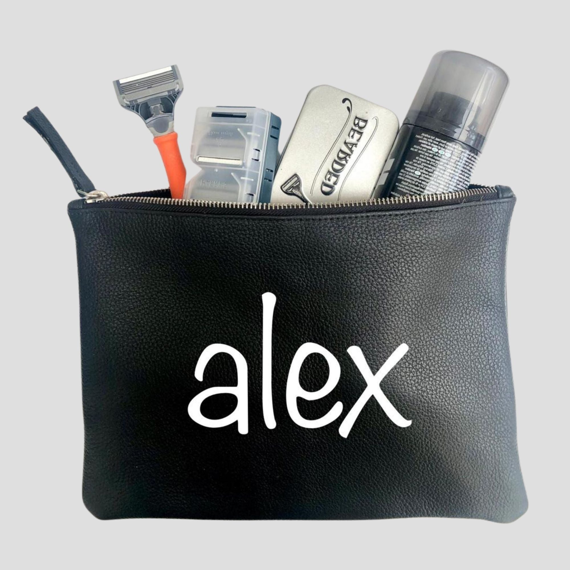 MEN'S PERSONALISED BLACK LEATHER WASHBAG